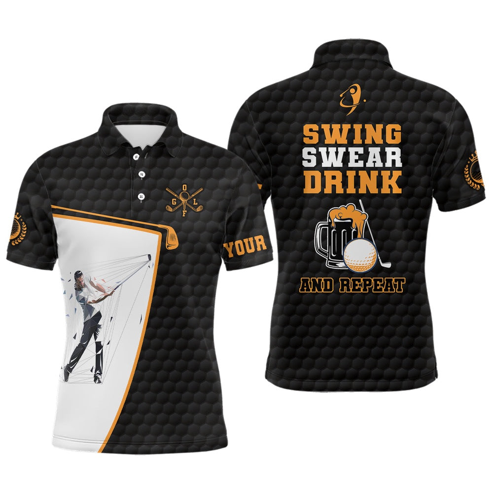 Golf Polo shirts, Swing Swear Drink And Repeat Black Mens Golf Polo Shirt Custom Beer Golf Shirts For Men Golf Gifts
