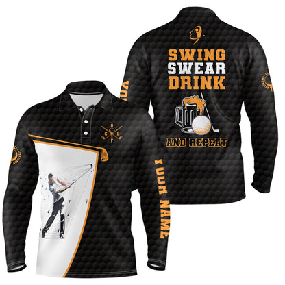 Golf Polo shirts, Swing Swear Drink And Repeat Black Mens Golf Polo Shirt Custom Beer Golf Shirts For Men Golf Gifts