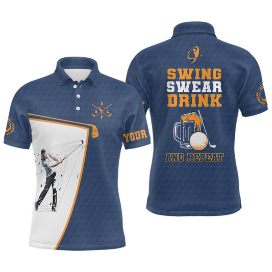 Golf Polo shirts, Swing Swear Drink And Repeat Navy Blue Mens Golf Polo Shirts Custom Beer Golf Shirts For Men