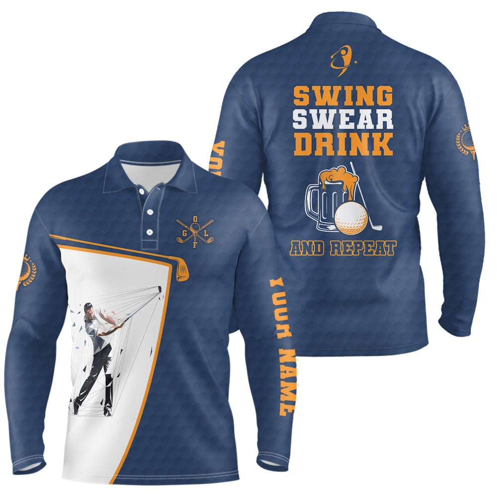 Golf Polo shirts, Swing Swear Drink And Repeat Navy Blue Mens Golf Polo Shirts Custom Beer Golf Shirts For Men