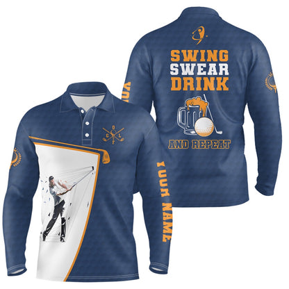 Golf Polo shirts, Swing Swear Drink And Repeat Navy Blue Mens Golf Polo Shirts Custom Beer Golf Shirts For Men