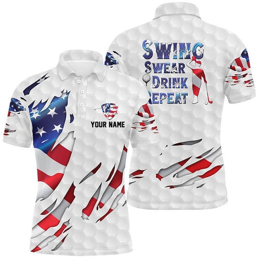 Golf Polo shirts, Swing Swear Drink Repeat American Flag Mens Golf Polo Shirt Custom Patriotic Golf Shirts For Men
