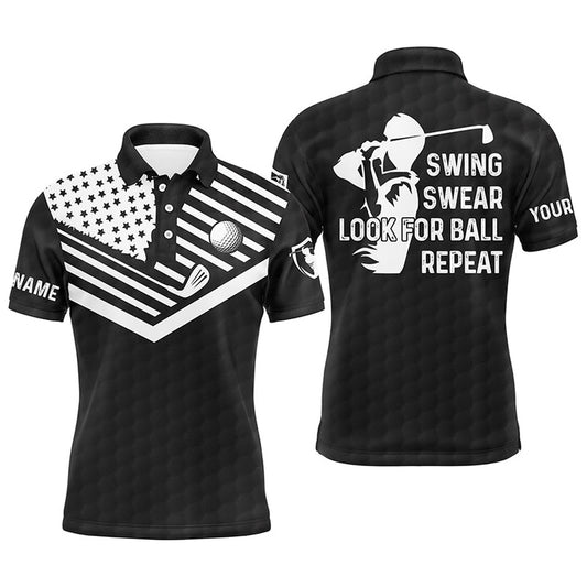 Golf Polo shirts, Swing Swear Look For Ball Repeat American Flag Custom Name Team Golf Polo Shirts Black