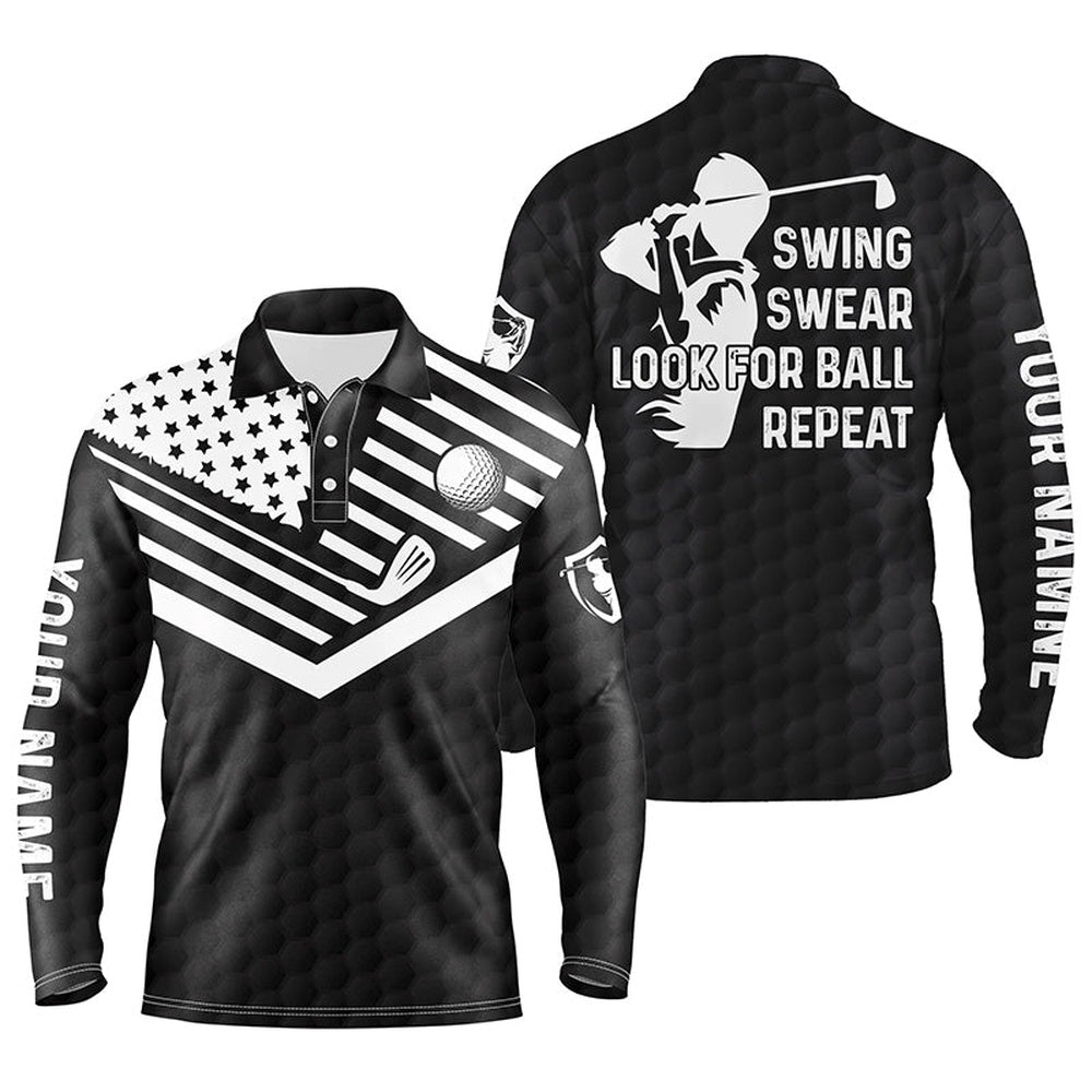 Golf Polo shirts, Swing Swear Look For Ball Repeat American Flag Custom Name Team Golf Polo Shirts Black