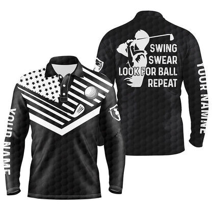 Golf Polo shirts, Swing Swear Look For Ball Repeat American Flag Custom Name Team Golf Polo Shirts Black