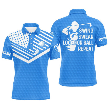Golf Polo shirts, Swing Swear Look For Ball Repeat American Flag Custom Name Team Golf Polo Shirts Blue