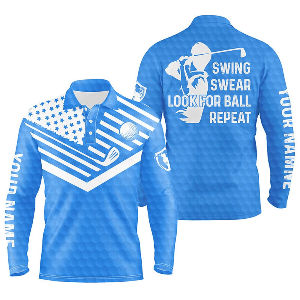 Golf Polo shirts, Swing Swear Look For Ball Repeat American Flag Custom Name Team Golf Polo Shirts Blue