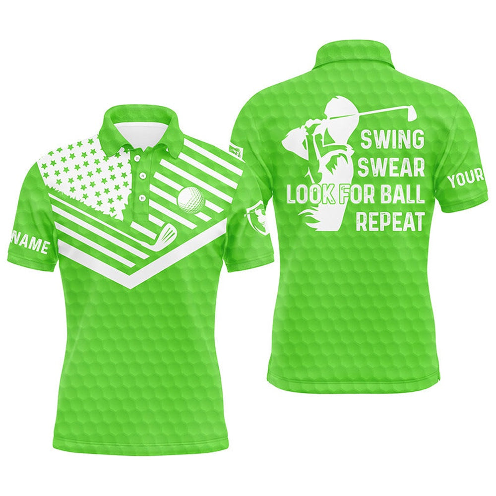 Golf Polo shirts, Swing Swear Look For Ball Repeat American Flag Custom Name Team Golf Polo Shirts Green