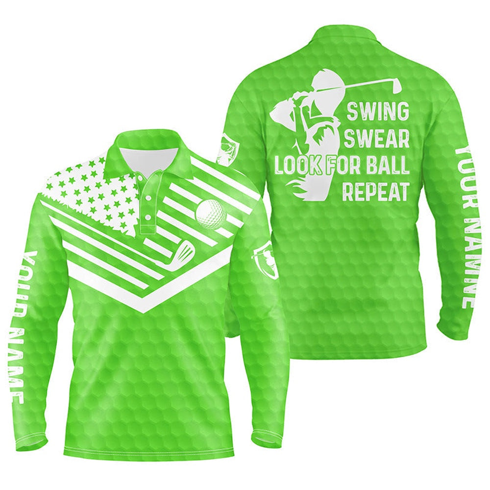 Golf Polo shirts, Swing Swear Look For Ball Repeat American Flag Custom Name Team Golf Polo Shirts Green