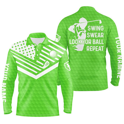 Golf Polo shirts, Swing Swear Look For Ball Repeat American Flag Custom Name Team Golf Polo Shirts Green