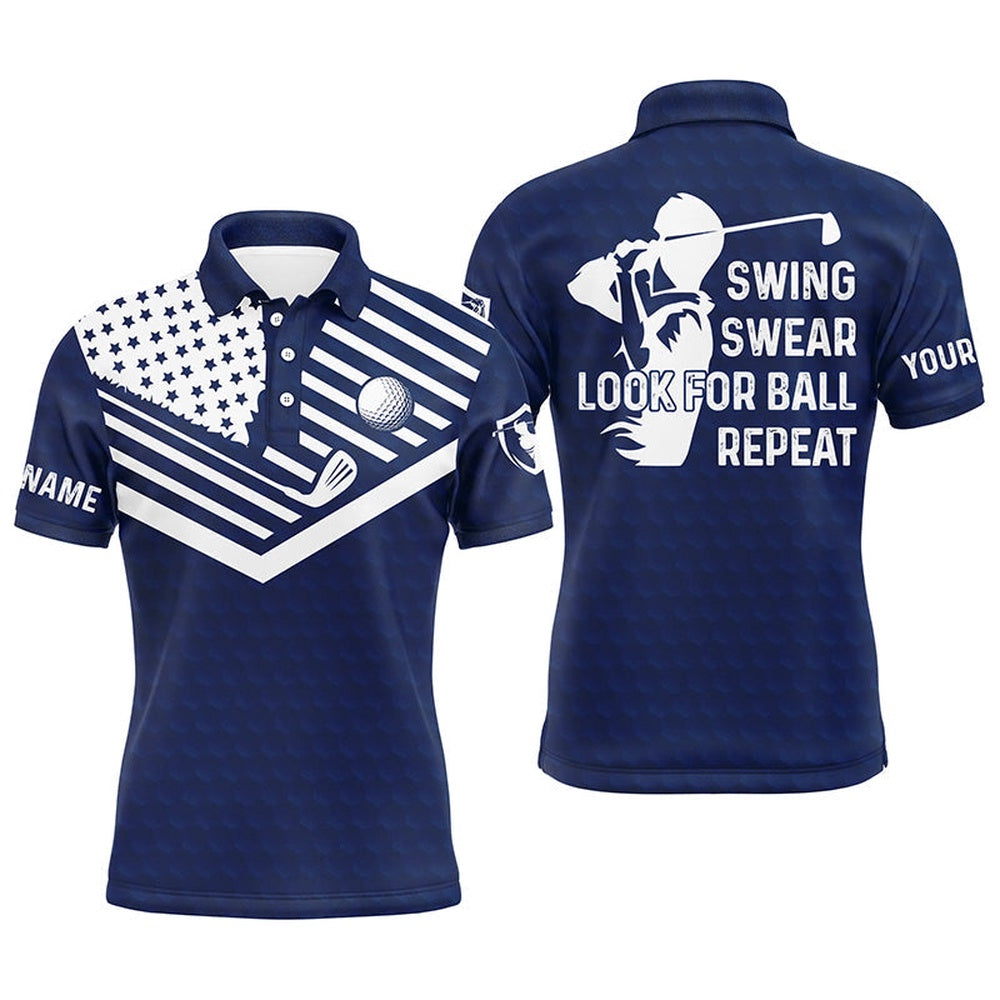 Golf Polo shirts, Swing Swear Look For Ball Repeat American Flag Custom Name Team Golf Polo Shirts Navy Blue