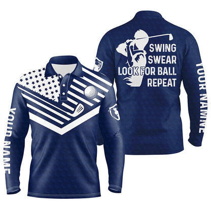 Golf Polo shirts, Swing Swear Look For Ball Repeat American Flag Custom Name Team Golf Polo Shirts Navy Blue