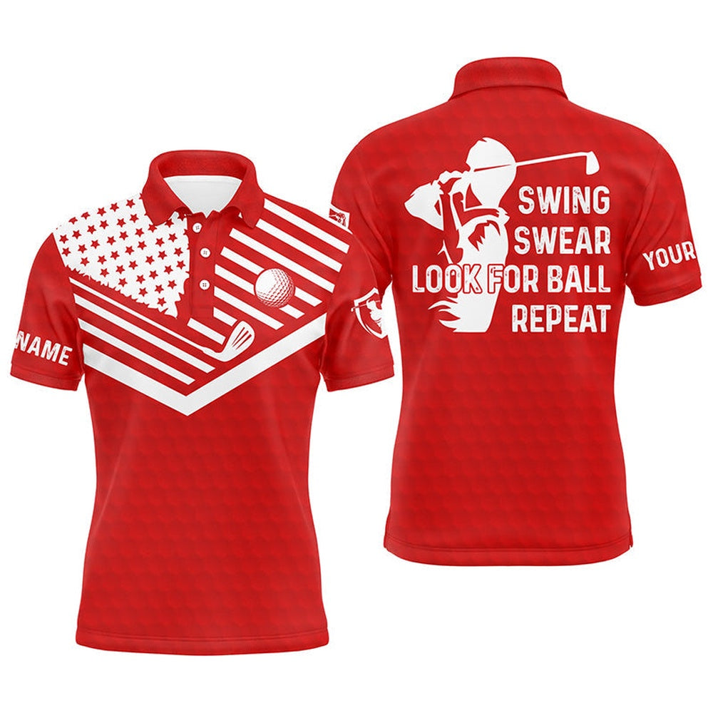 Golf Polo shirts, Swing Swear Look For Ball Repeat American Flag Custom Name Team Golf Polo Shirts Red