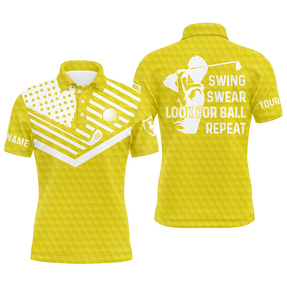 Golf Polo shirts, Swing Swear Look For Ball Repeat American Flag Custom Name Team Golf Polo Shirts Yellow