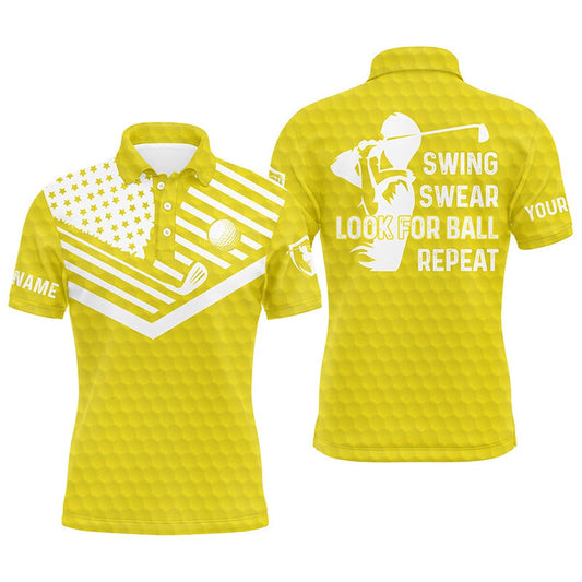 Golf Polo shirts, Swing Swear Look For Ball Repeat American Flag Custom Name Team Golf Polo Shirts Yellow