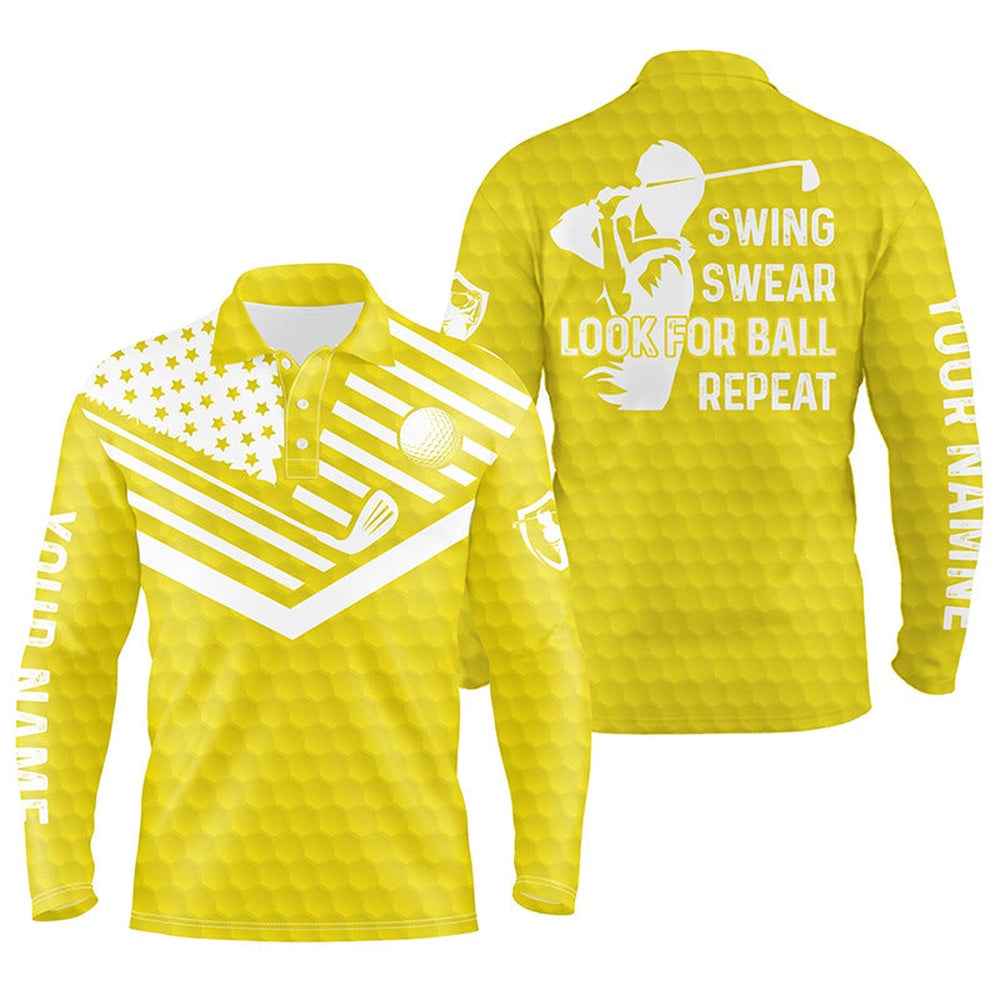 Golf Polo shirts, Swing Swear Look For Ball Repeat American Flag Custom Name Team Golf Polo Shirts Yellow