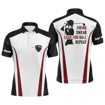 Golf Polo shirts, Swing Swear Look For Ball Repeat Custom Name Funny Black, White, Red Mens Golf Polo Shirt