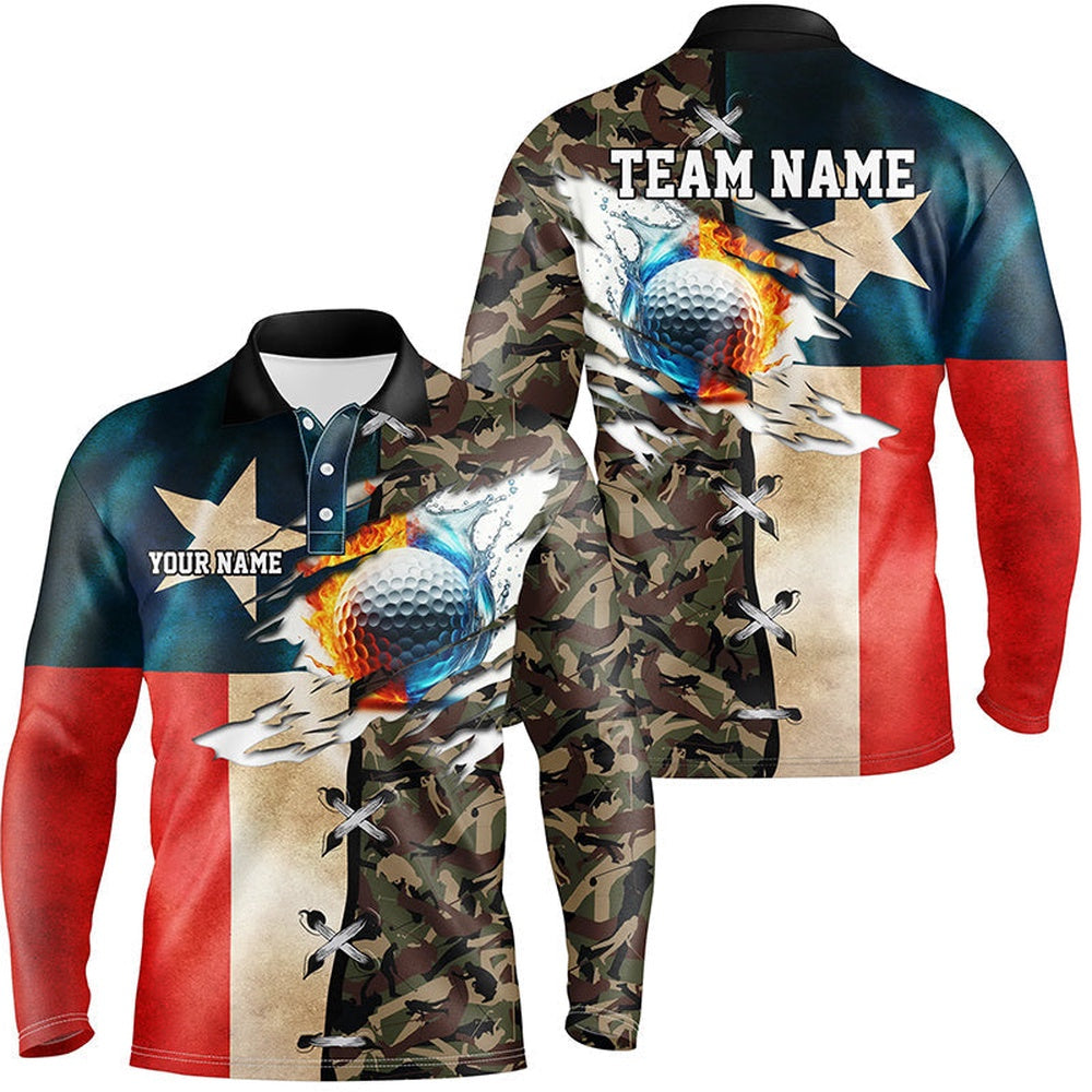 Golf Polo shirts, Texas Flag Camo Mens Golf Polo Shirts Custom Fire Water Golf Ball Team Golf Shirts