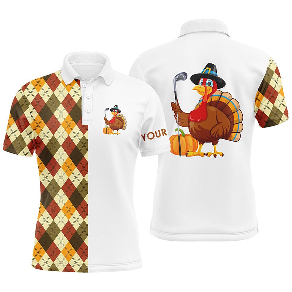 Golf Polo shirts, Thanksgiving Argyle Plaid Pattern Custom Mens Golf Polo Shirt, Turkey Bird Golf Tops For Men Golf Gift