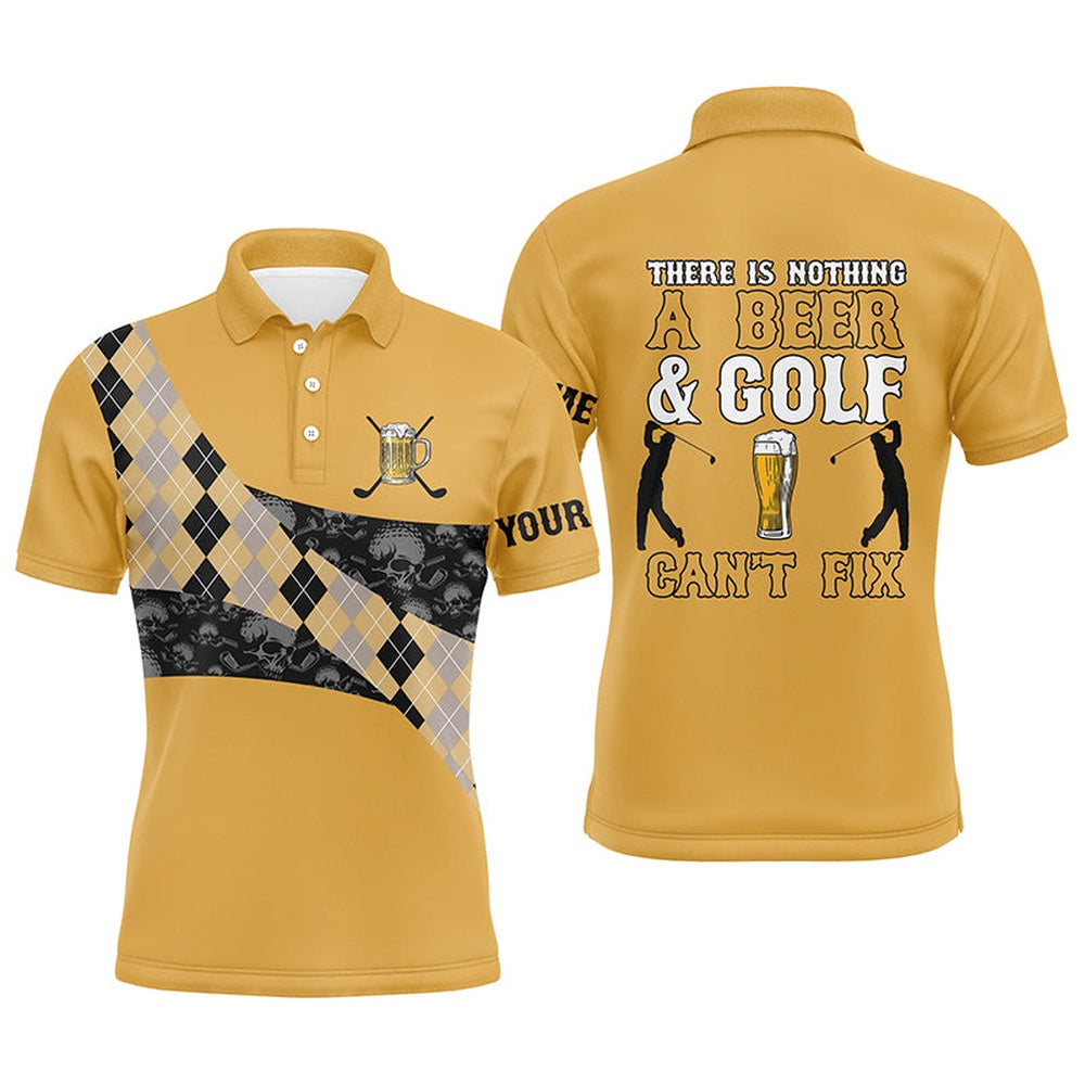 Golf Polo shirts, There Is Nothing A Beer & Golf Can'T Fix Mens Polo Shirt Yellow Argyle Skull Golf Shirts For Men