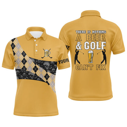 Golf Polo shirts, There Is Nothing A Beer & Golf Can'T Fix Mens Polo Shirt Yellow Argyle Skull Golf Shirts For Men