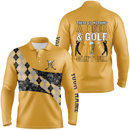 Golf Polo shirts, There Is Nothing A Beer & Golf Can'T Fix Mens Polo Shirt Yellow Argyle Skull Golf Shirts For Men
