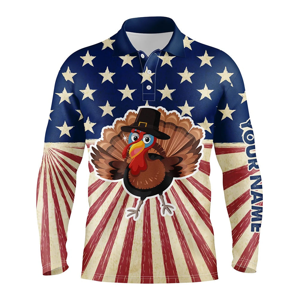 Golf Polo shirts, Turkey Bird Thanksgiving American Flag Men Golf Polo Shirt Mens Patriotic Golf Tops Golf Gifts