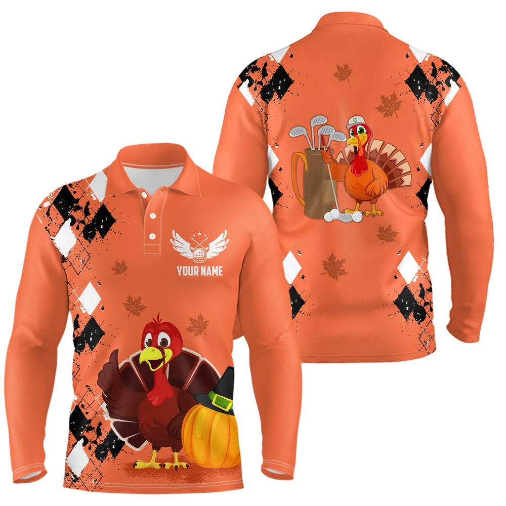 Golf Polo shirts, Turkey Bird Thanksgiving Golf Mens Polo Shirt Argyle Orange Custom Men Golf Outfits Cool Golf Gifts