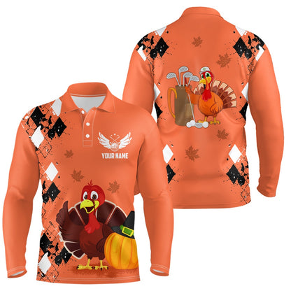 Golf Polo shirts, Turkey Bird Thanksgiving Golf Mens Polo Shirt Argyle Orange Custom Men Golf Outfits Cool Golf Gifts