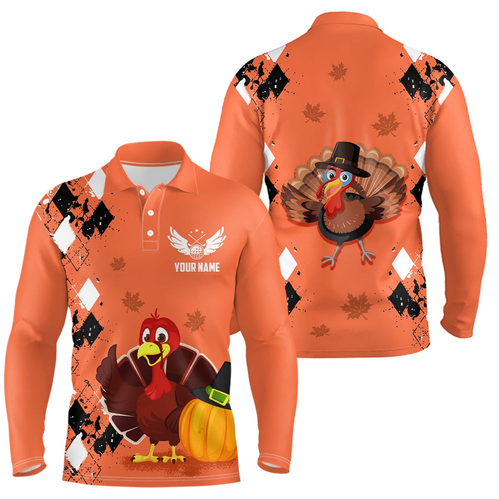 Golf Polo shirts, Turkey Bird Thanksgiving Golf Mens Polo Shirt Argyle Orange Custom Men Golf Tops Cool Golf Gifts
