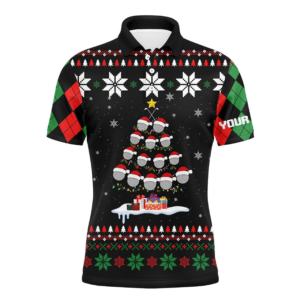 Golf Polo shirts, Ugly Christmas Argyle Pattern Men Golf Polo Shirt Custom Golf Ball Christmas Tree Xmas Gift For Golfer