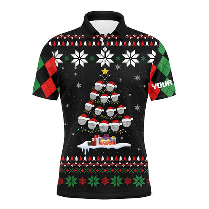 Golf Polo shirts, Ugly Christmas Argyle Pattern Men Golf Polo Shirt Custom Golf Ball Christmas Tree Xmas Gift For Golfer