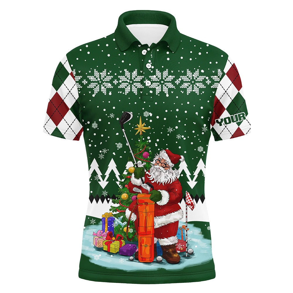Golf Polo shirts, Ugly Christmas Green Argyle Pattern Golf Shirt Custom Mens Golf Polo Shirt Santa Golfer Christmas Gift