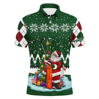 Golf Polo shirts, Ugly Christmas Green Argyle Pattern Golf Shirt Custom Mens Golf Polo Shirt Santa Golfer Christmas Gift
