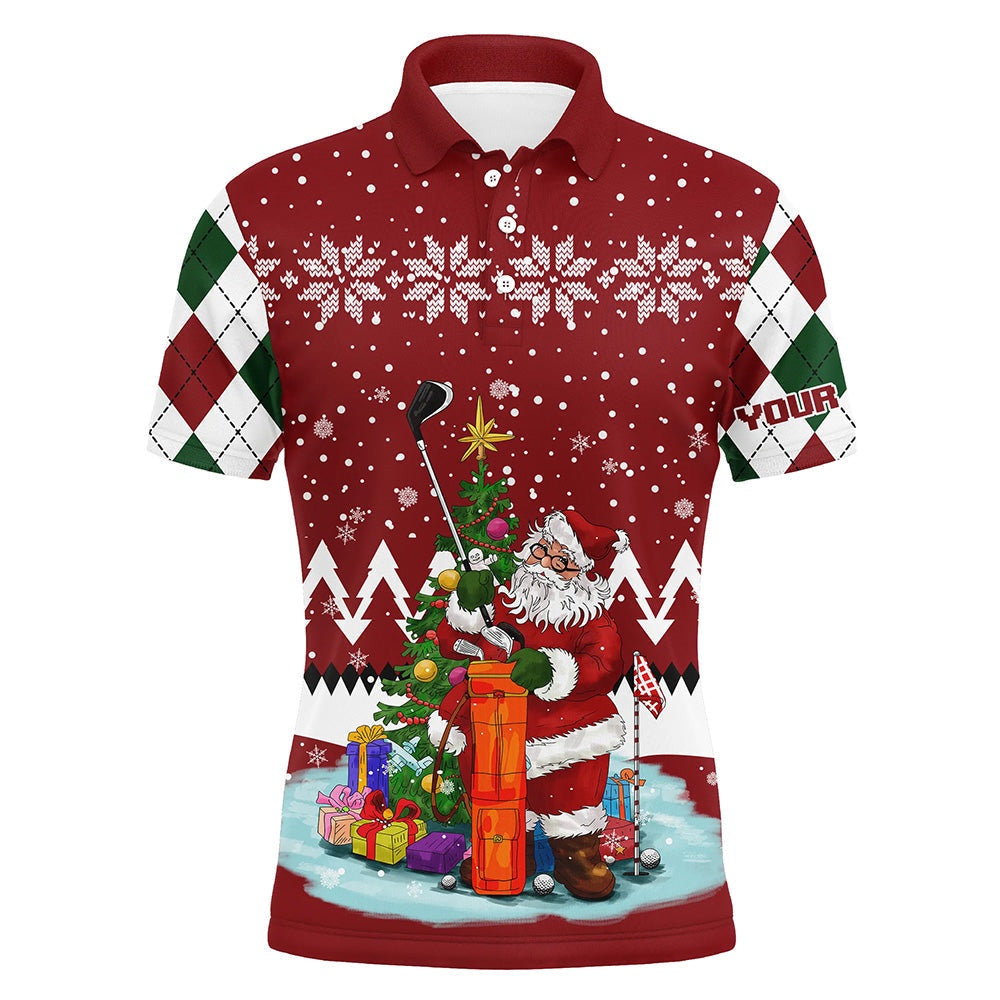 Golf Polo shirts, Ugly Christmas Red Argyle Pattern Golf Shirt Custom Mens Golf Polo Shirt Santa Golfer Christmas Gift