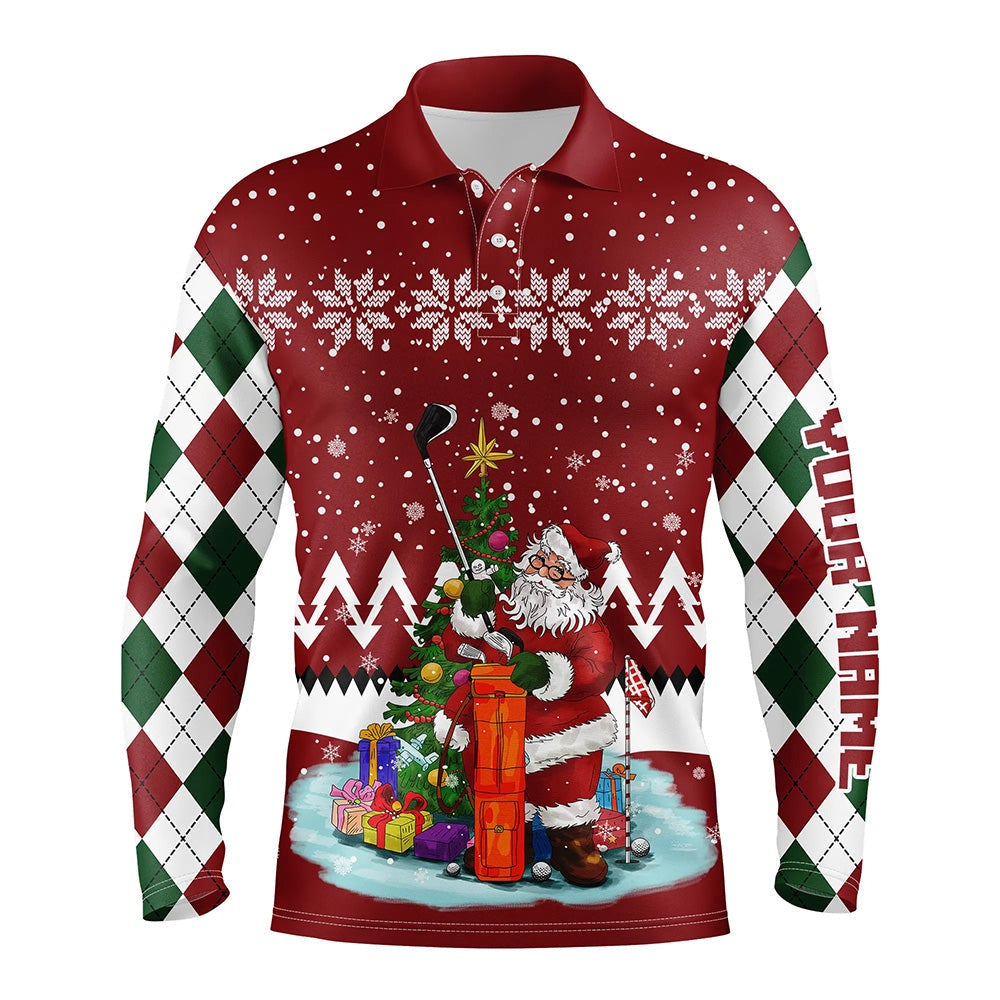 Golf Polo shirts, Ugly Christmas Red Argyle Pattern Golf Shirt Custom Mens Golf Polo Shirt Santa Golfer Christmas Gift