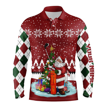 Golf Polo shirts, Ugly Christmas Red Argyle Pattern Golf Shirt Custom Mens Golf Polo Shirt Santa Golfer Christmas Gift