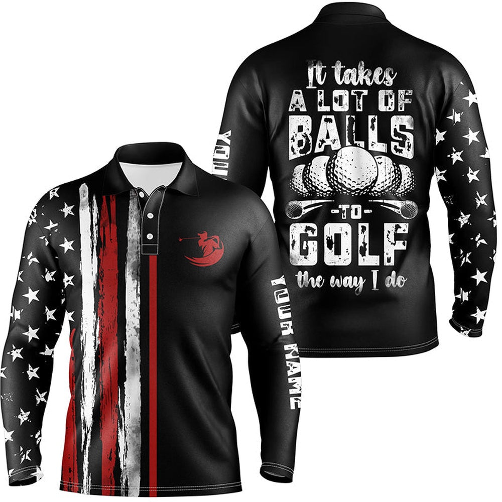 Golf Polo shirts, Vintage American Flag Black Mens Golf Polo Shirt Custom It Takes A Lot Of Balls To Golf The Way I Do