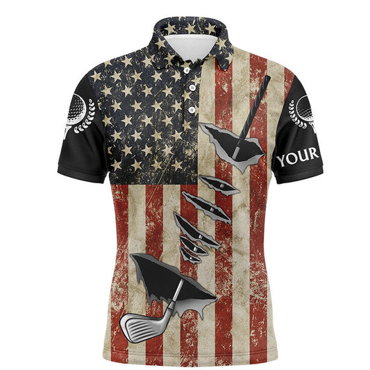 Golf Polo shirts, Vintage American Flag Golf Clubs Mens Golf Polo Shirts Custom Name Patriotic Golf Gifts For Mens