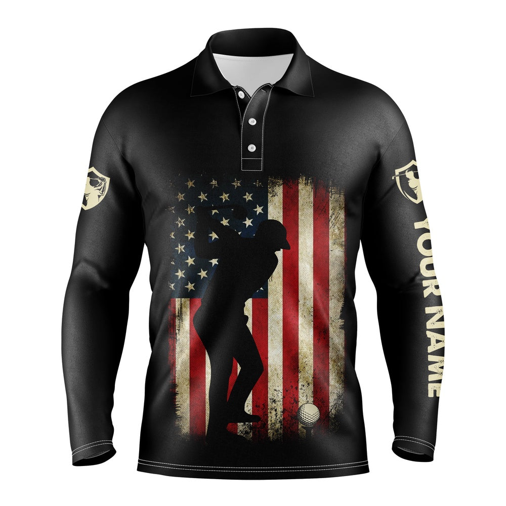 Golf Polo shirts, Vintage American Flag Patriotic Us Flag Custom Name Black Golf Polo Shirts - Golf Gift Ideas For Him