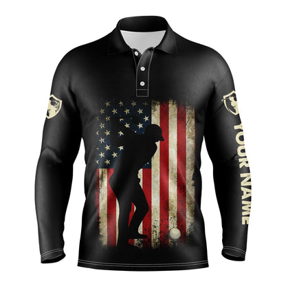 Golf Polo shirts, Vintage American Flag Patriotic Us Flag Custom Name Black Golf Polo Shirts - Golf Gift Ideas For Him