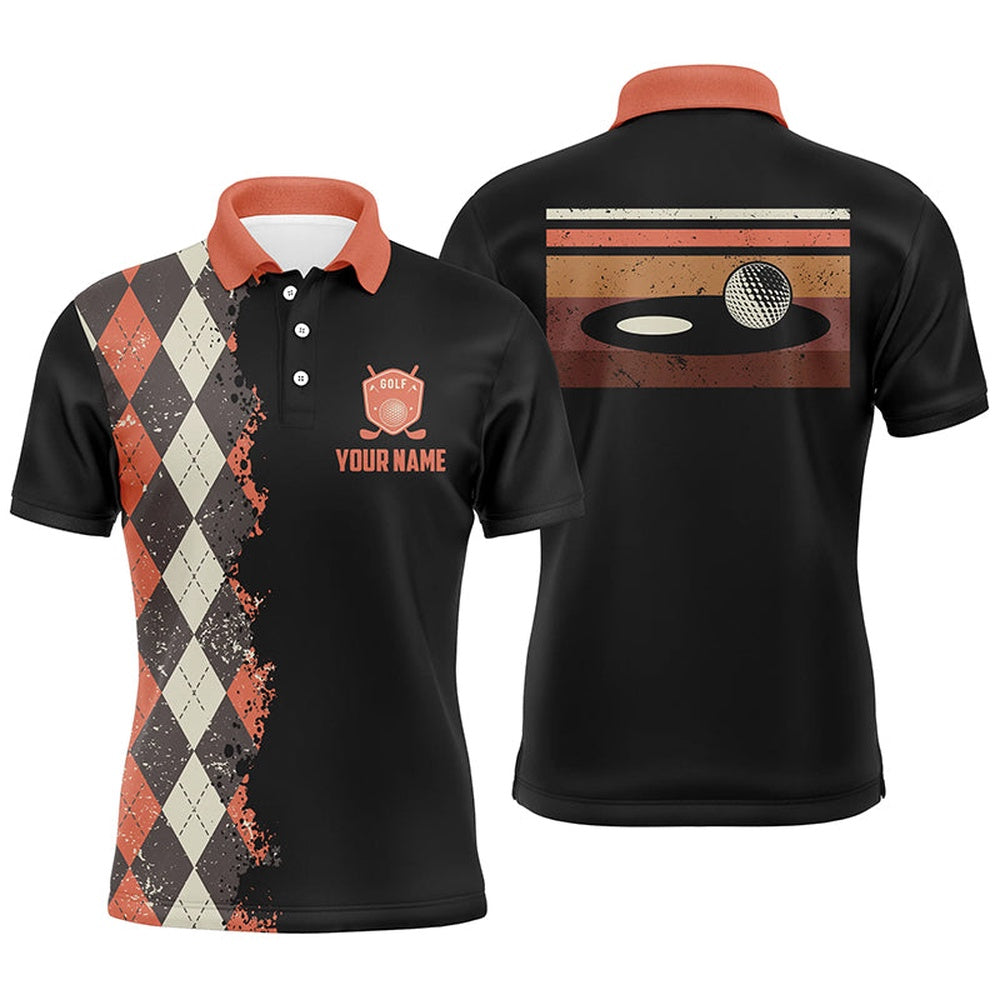 Golf Polo shirts, Vintage Argyle Plaid Pattern Black Custom Mens Golf Polo Shirt, Golf Tops For Men