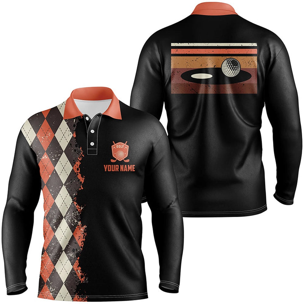 Golf Polo shirts, Vintage Argyle Plaid Pattern Black Custom Mens Golf Polo Shirt, Golf Tops For Men