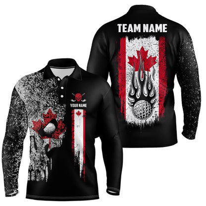 Golf Polo shirts, Vintage Canada Flag Skull Mens Golf Polo Shirt Custom Patriotic Scary Golf Shirts For Men Golf Gifts