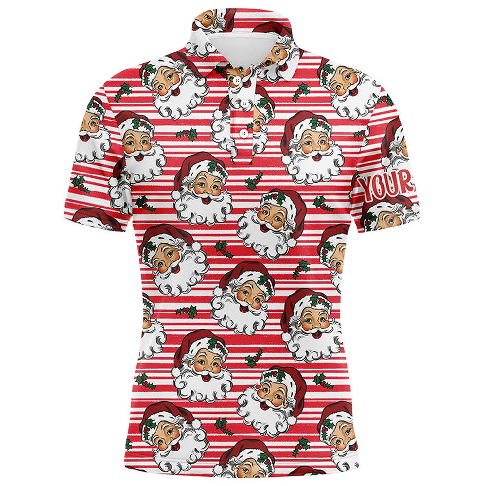 Golf Polo shirts, Vintage Cartoon Santa Claus With Holly Christmas Men Golf Polo Shirt Custom Cute Mens Golf Tops