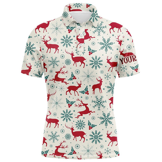 Golf Polo shirts, Vintage Christmas With Reindeer Snowflakes Mens Golf Polo Shirts Winter Holiday Golf Gifts For Men
