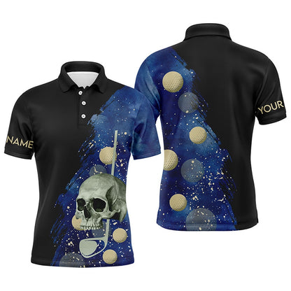 Golf Polo shirts, Water Color Golf Skull With Golf Ball Mens Polo Shirt, Custom Name Black Blue Golf Shirts For Men