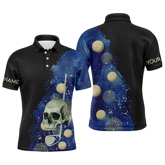 Golf Polo shirts, Water Color Golf Skull With Golf Ball Mens Polo Shirt, Custom Name Black Blue Golf Shirts For Men