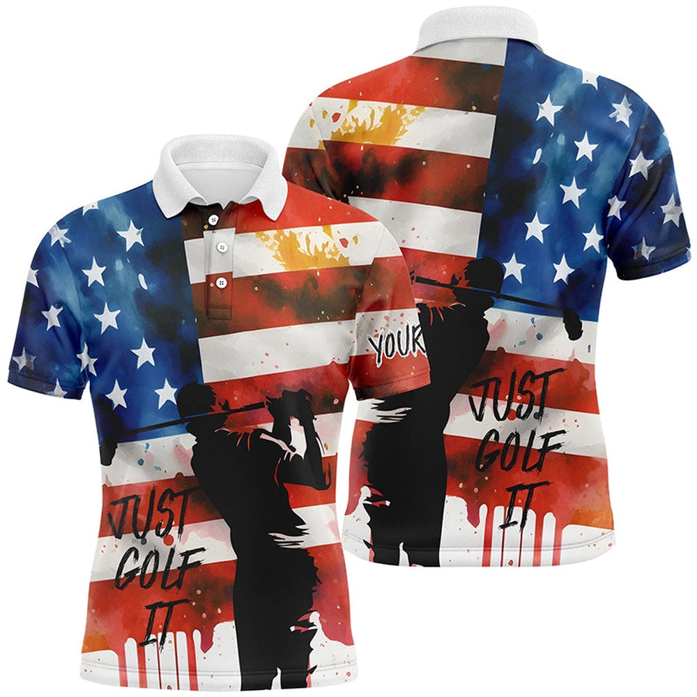 Golf Polo shirts, Watercolor American Flag Just Golf It Mens Golf Polo Shirts, Customized Golf Shirts For Mens