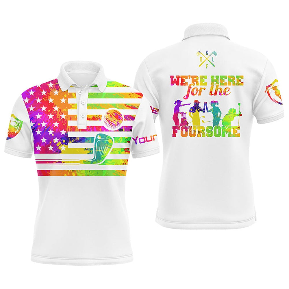 Golf Polo shirts, Watercolor American Flag Mens Golf Polo Shirts Custom Name We'Re Here For The Foursome Golf Gifts